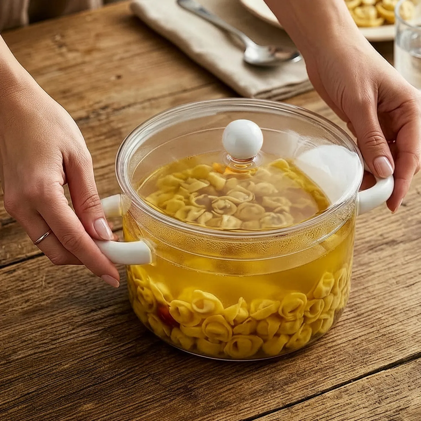 Pentola 2,5 L vetro borosilicato con coperchio manici bianchi