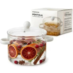 Pentola 2,5 L vetro borosilicato con coperchio manici bianchi