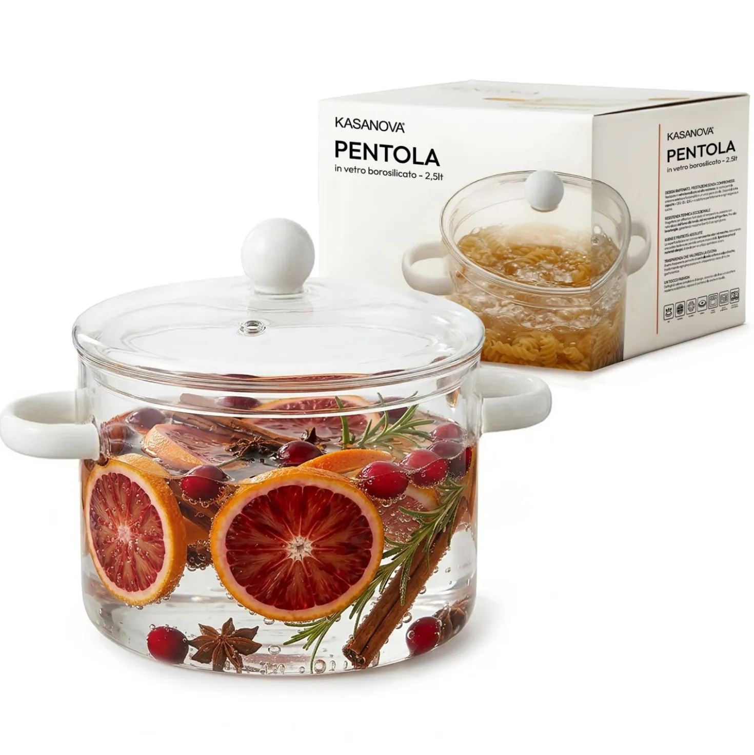 Pentola 2,5 L vetro borosilicato con coperchio manici bianchi