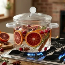 Pentola 1,5 L vetro borosilicato con coperchio manici bianchi