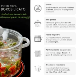 Pentola 1,5 L vetro borosilicato con coperchio manici bianchi