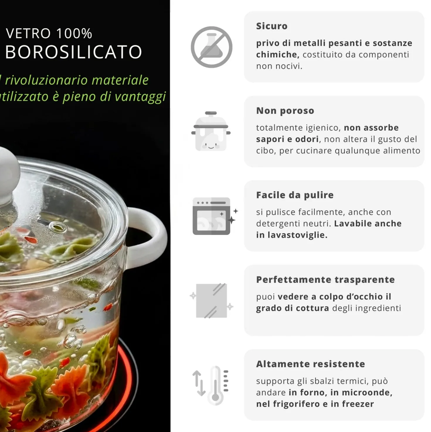 Pentola 1,5 L vetro borosilicato con coperchio manici bianchi