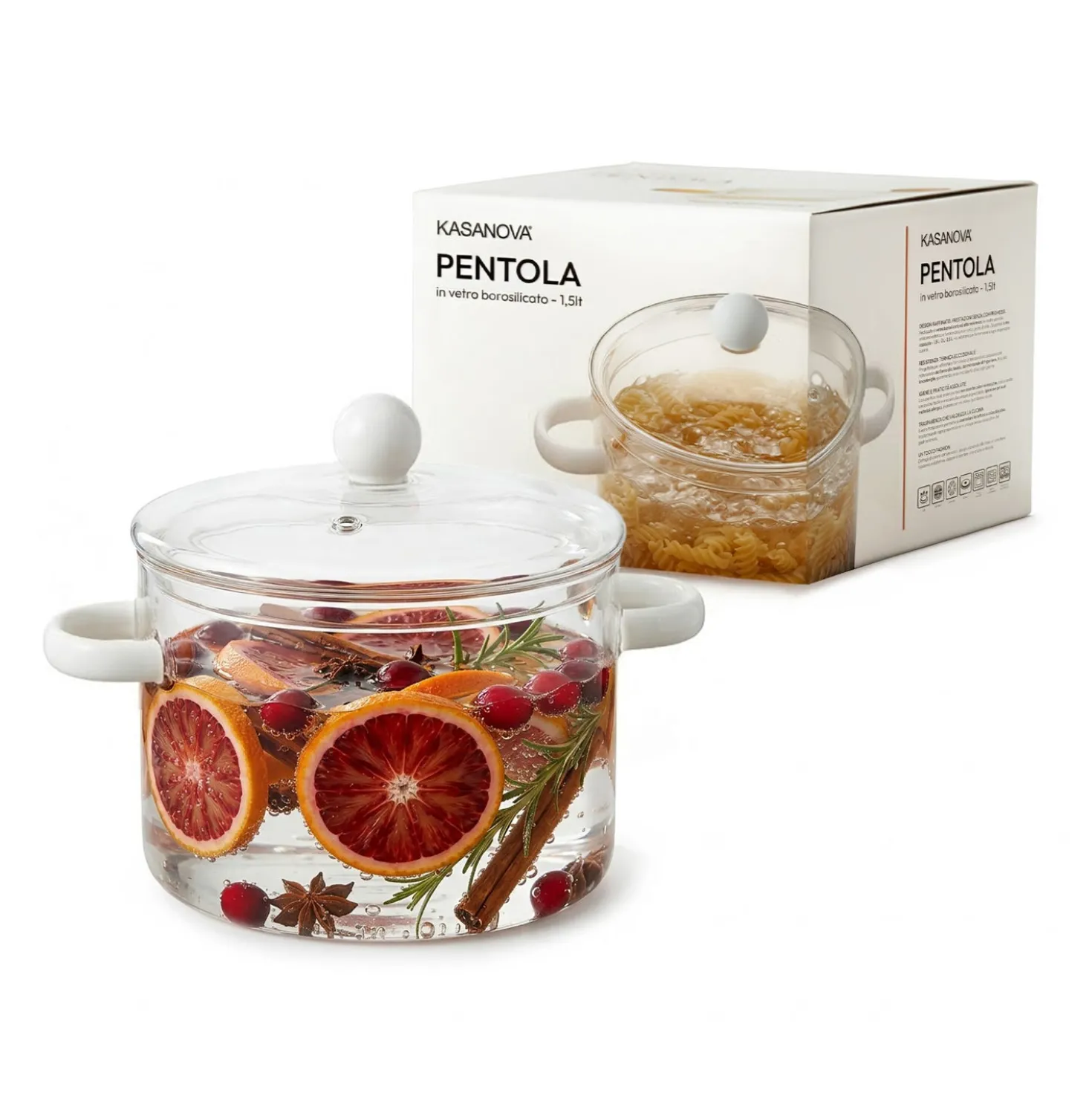 Pentola 1,5 L vetro borosilicato con coperchio manici bianchi