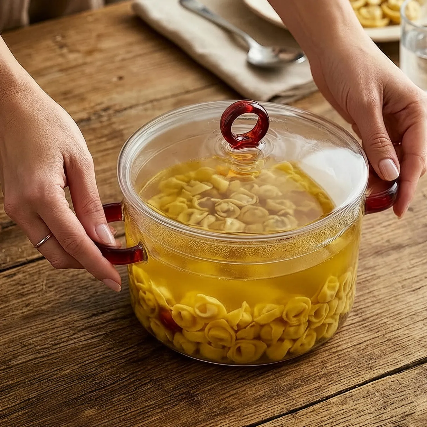 Pentola 2 L vetro borosilicato con coperchio manici rossi