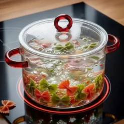 Pentola 2 L vetro borosilicato con coperchio manici rossi