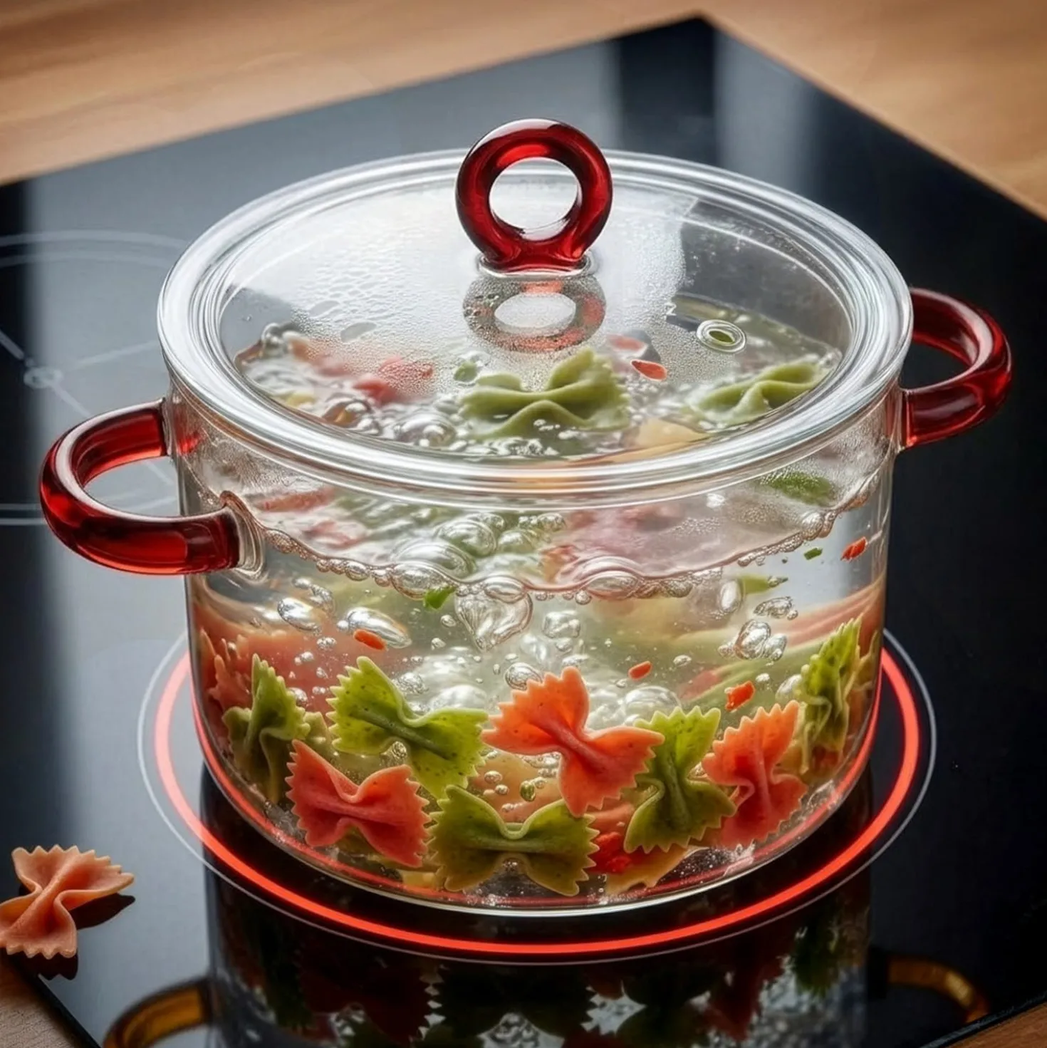 Pentola 2 L vetro borosilicato con coperchio manici rossi