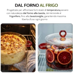 Pentola 2 L vetro borosilicato con coperchio manici rossi