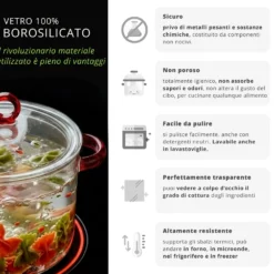 Pentola 2,5 L vetro borosilicato con coperchio manici rossi