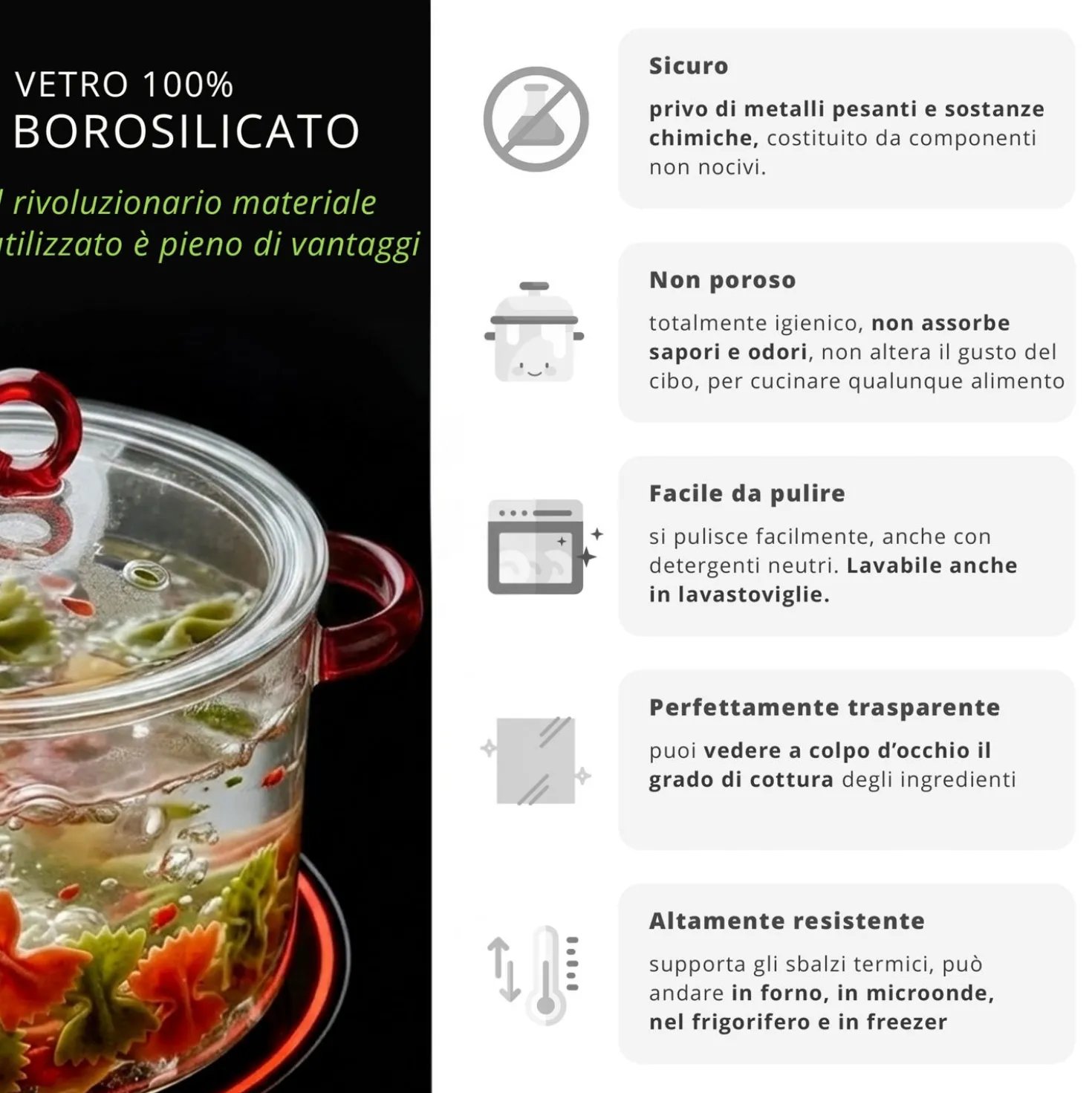 Pentola 2,5 L vetro borosilicato con coperchio manici rossi