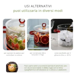 Pentola 2,5 L vetro borosilicato con coperchio manici rossi