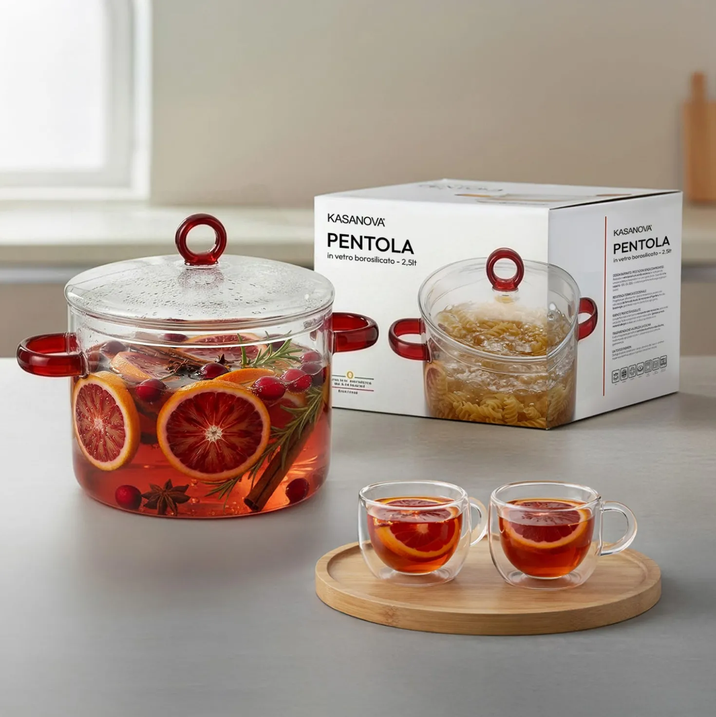 Pentola 2,5 L vetro borosilicato con coperchio manici rossi