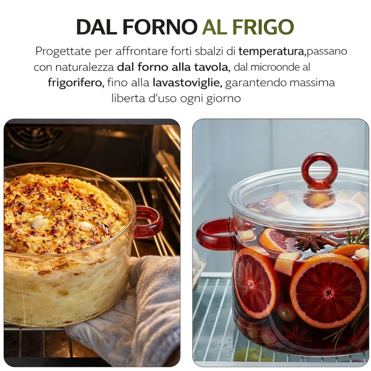 Pentola 2,5 L vetro borosilicato con coperchio manici rossi