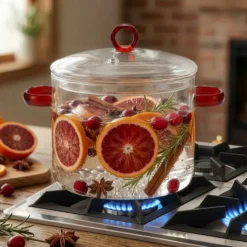 Pentola 2,5 L vetro borosilicato con coperchio manici rossi