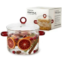 Pentola 2,5 L vetro borosilicato con coperchio manici rossi