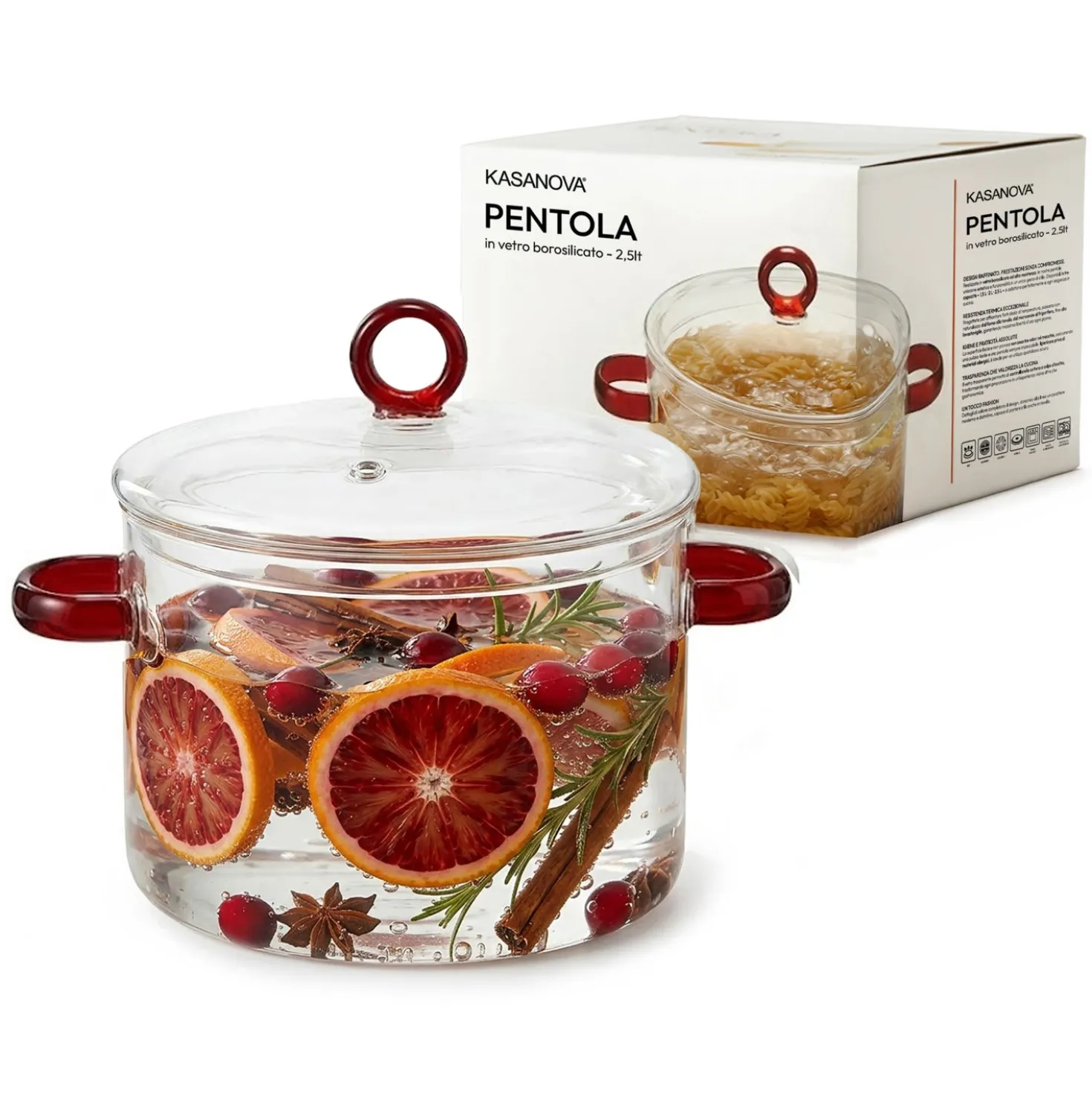 Pentola 2,5 L vetro borosilicato con coperchio manici rossi