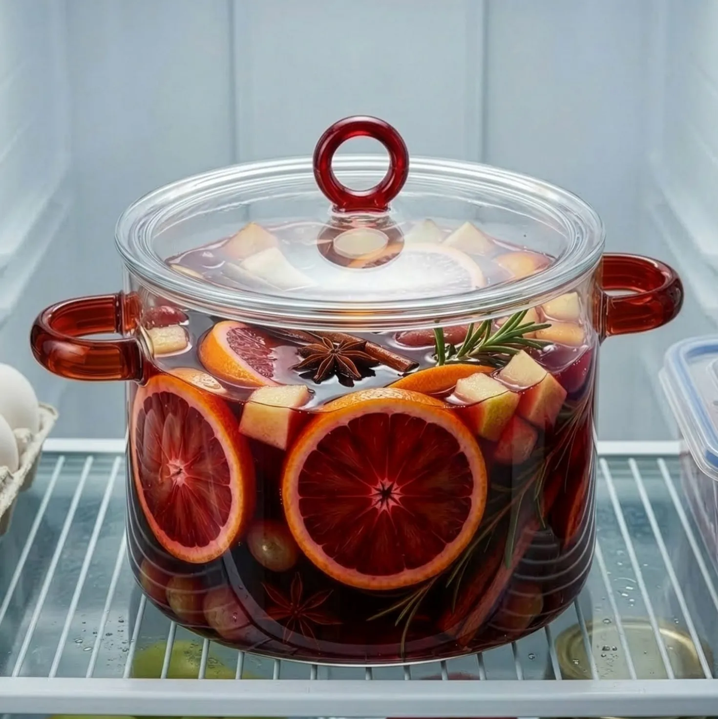 Pentola 2,5 L vetro borosilicato con coperchio manici rossi