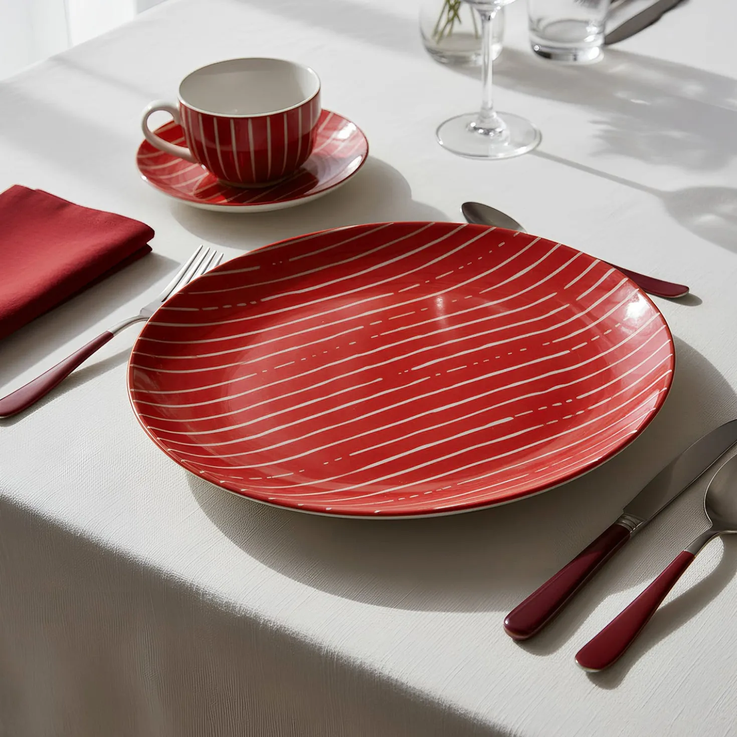 Piatto piano rosso righe bianche porcellana Mix e Match