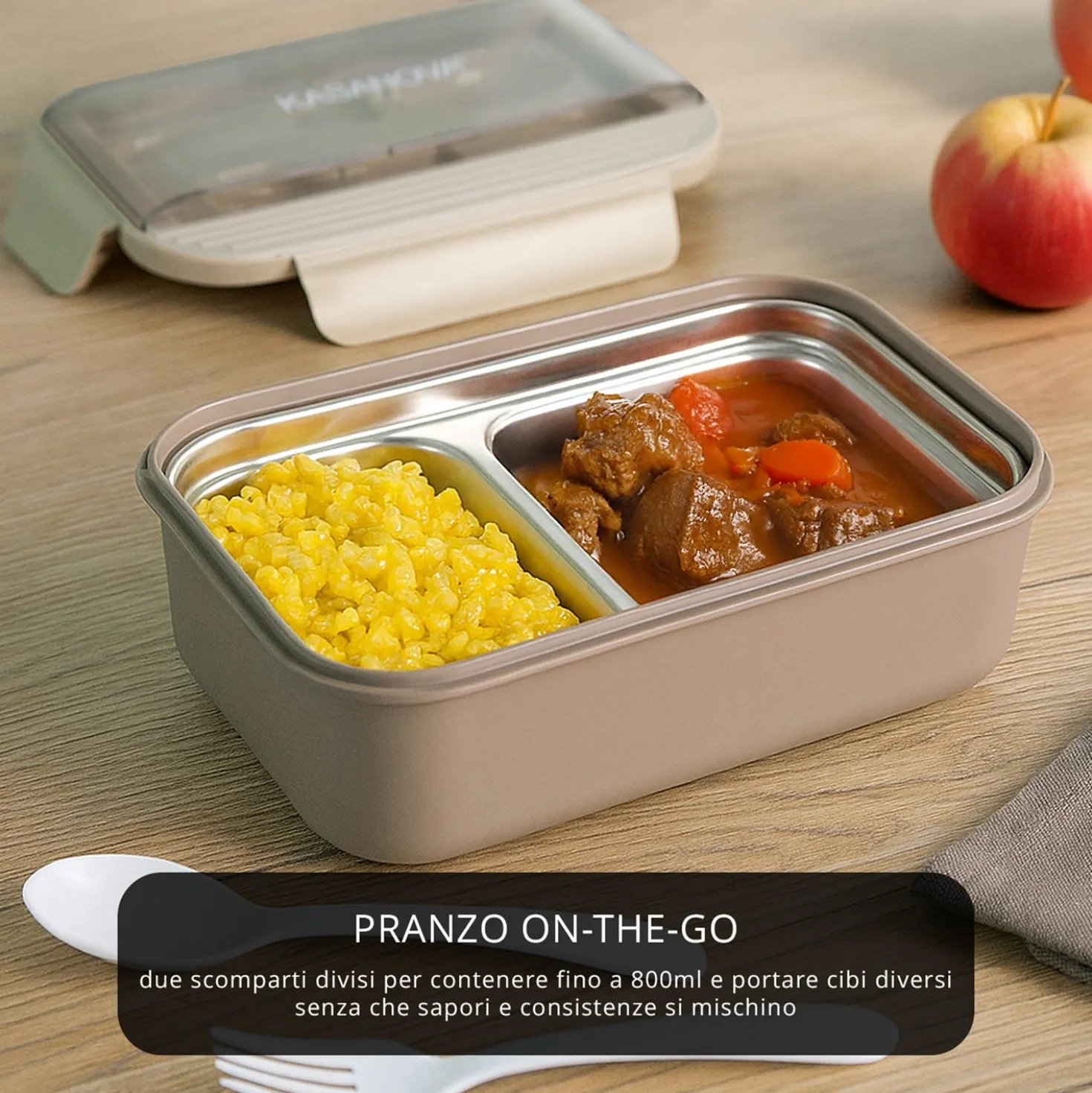 Porta pranzo con divisorio e posate Clicks marrone