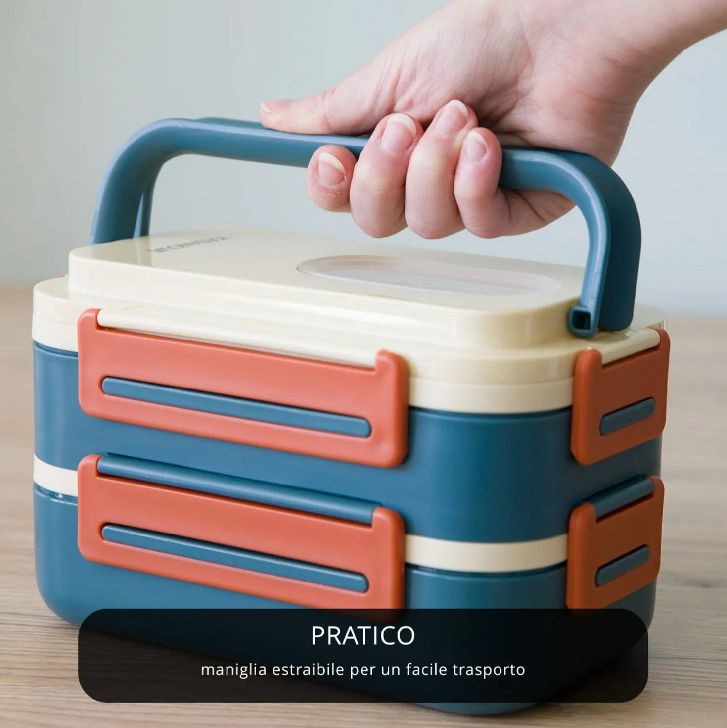 Porta pranzo con 2 scomparti e posate Clicks blu beige