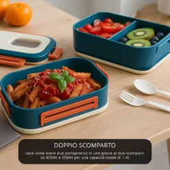 Porta pranzo con 2 scomparti e posate Clicks blu beige