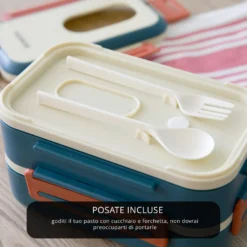 Porta pranzo con 2 scomparti e posate Clicks blu beige