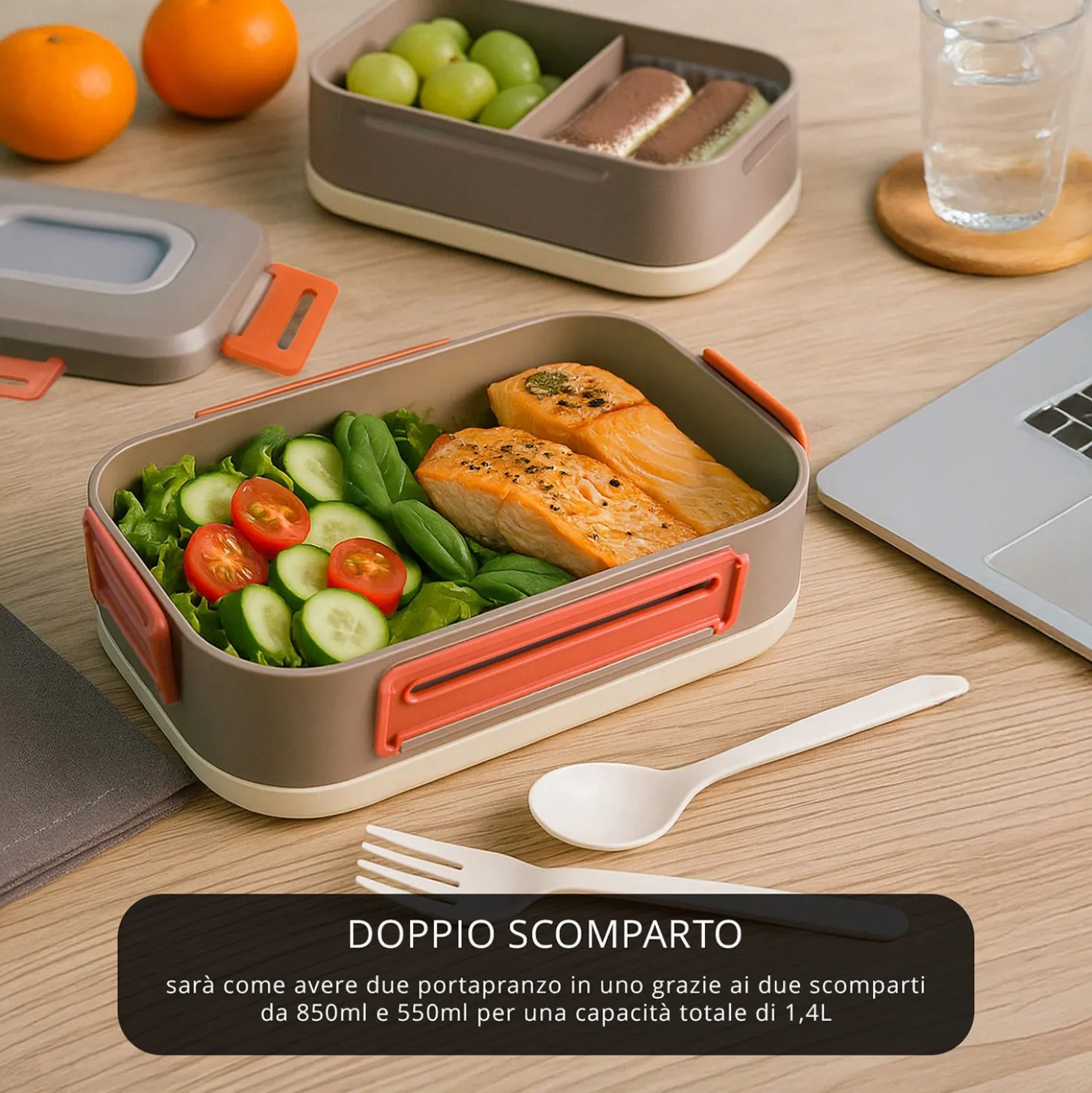 Porta pranzo con 2 scomparti e posate Clicks marrone arancio
