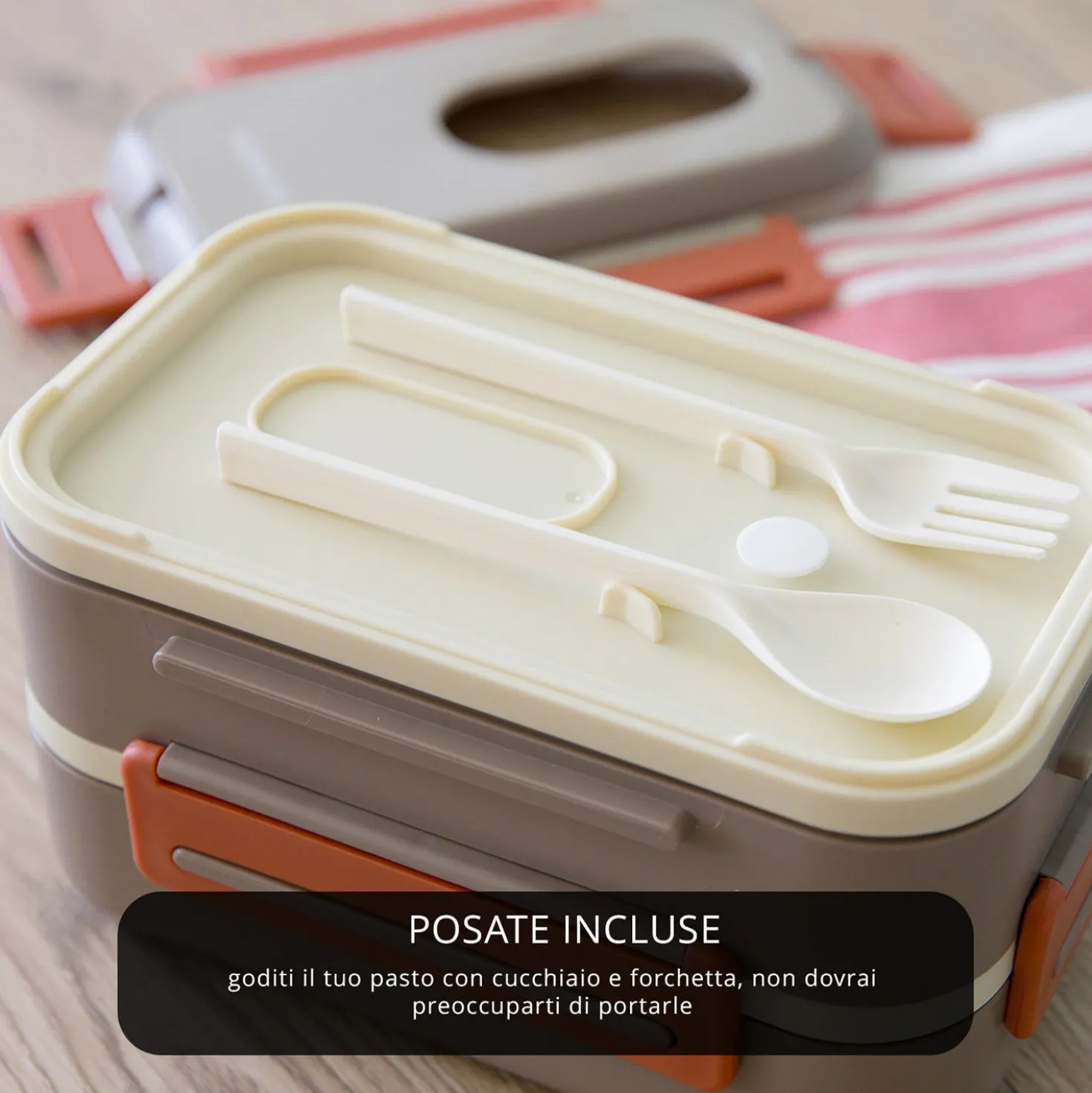 Porta pranzo con 2 scomparti e posate Clicks marrone arancio