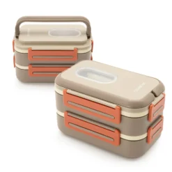 Porta pranzo con 2 scomparti e posate Clicks marrone arancio