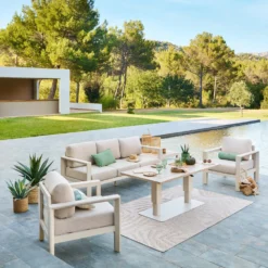 Salottino giardino divano 3 posti, poltrone e tavolino Evasion beige