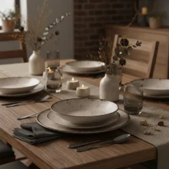 Servizio 18 piatti ceramica beige Dymore