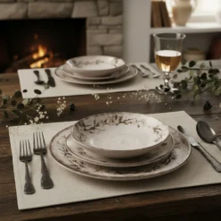 Servizio 18 piatti ceramica beige floreali Thalos