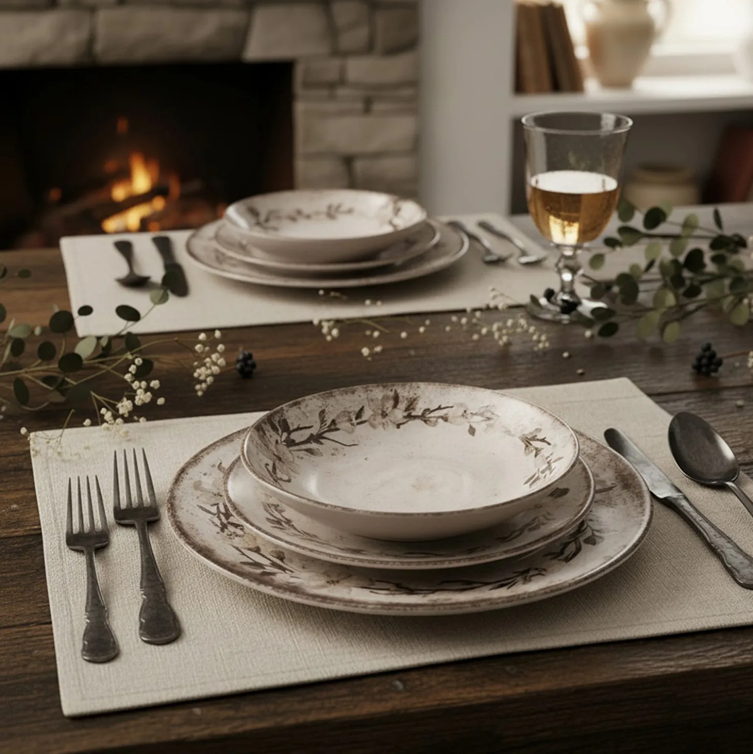 Servizio 18 piatti ceramica beige floreali Thalos