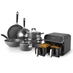 Set batteria induzione 9 pezzi New Petra Dark e friggitrice ad aria 2 cestelli