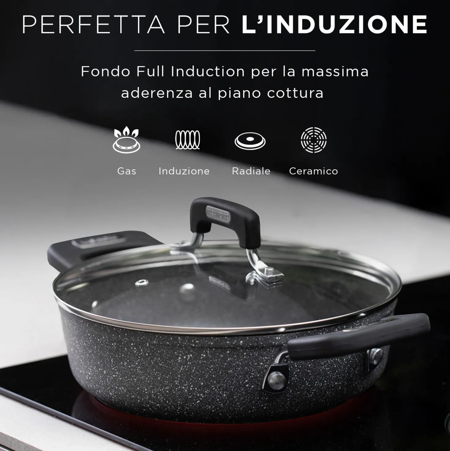 Set batteria induzione 9 pezzi New Petra Dark e friggitrice ad aria 2 cestelli