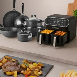 Set batteria induzione 9 pezzi New Petra Dark e friggitrice ad aria 2 cestelli