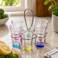 Set 6 bicchierini liquore vetro colorati con stand ad anello