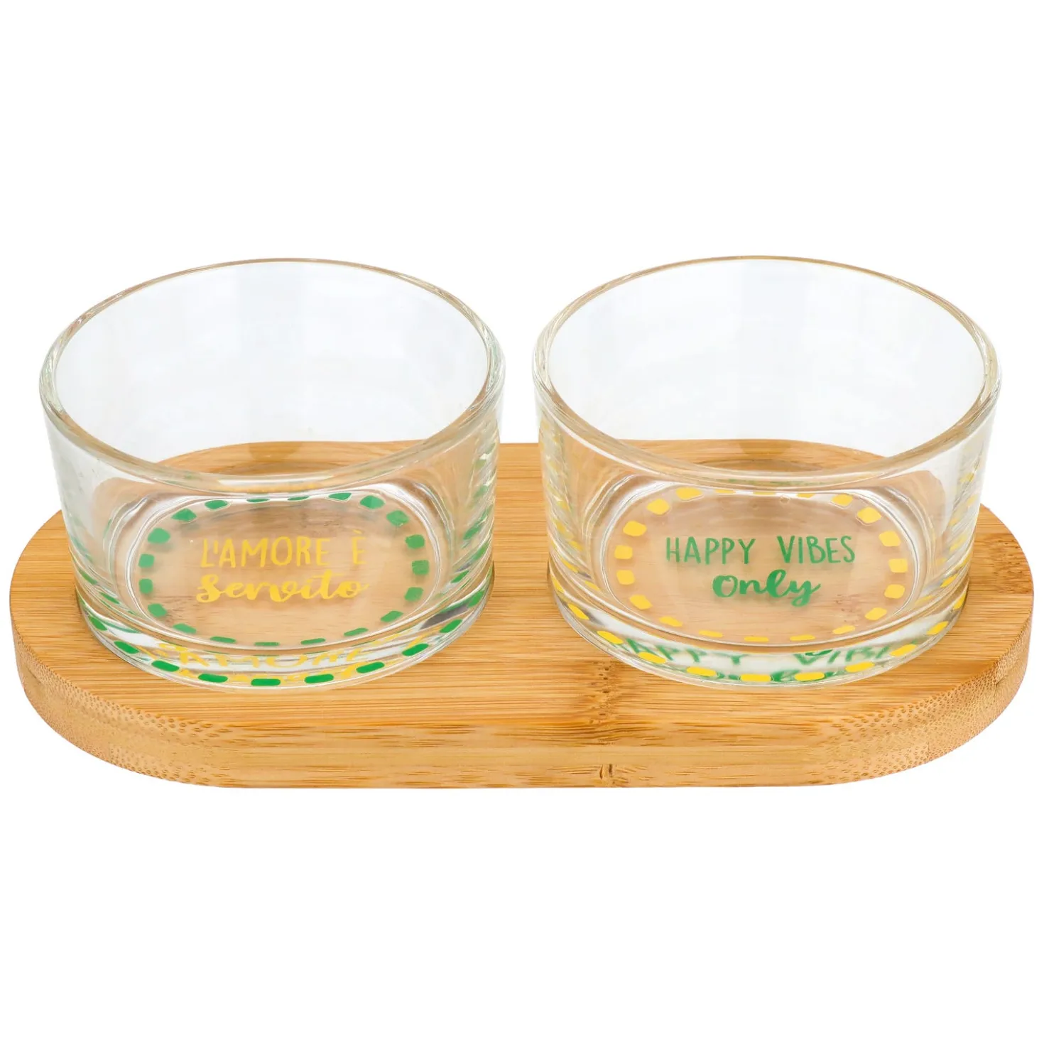 Set 2 ciotoline vetro con vassoio legno Color Bloom