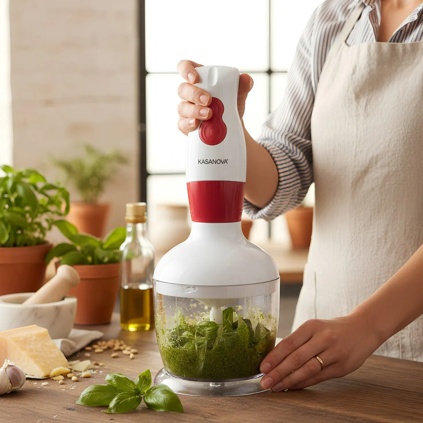 Set frullatore a immersione 3 in 1 rosso con stand