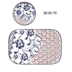 Set sushi 3 pezzi piattino rettangolare 23 cm blu rosso Sushiko