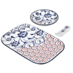 Set sushi 3 pezzi piattino rettangolare 23 cm blu rosso Sushiko