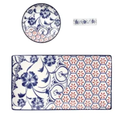 Set sushi 3 pezzi piattino rettangolare 28 cm blu rosso Sushiko