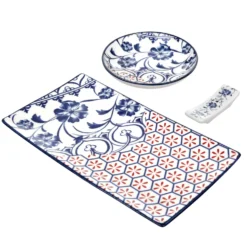 Set sushi 3 pezzi piattino rettangolare 28 cm blu rosso Sushiko