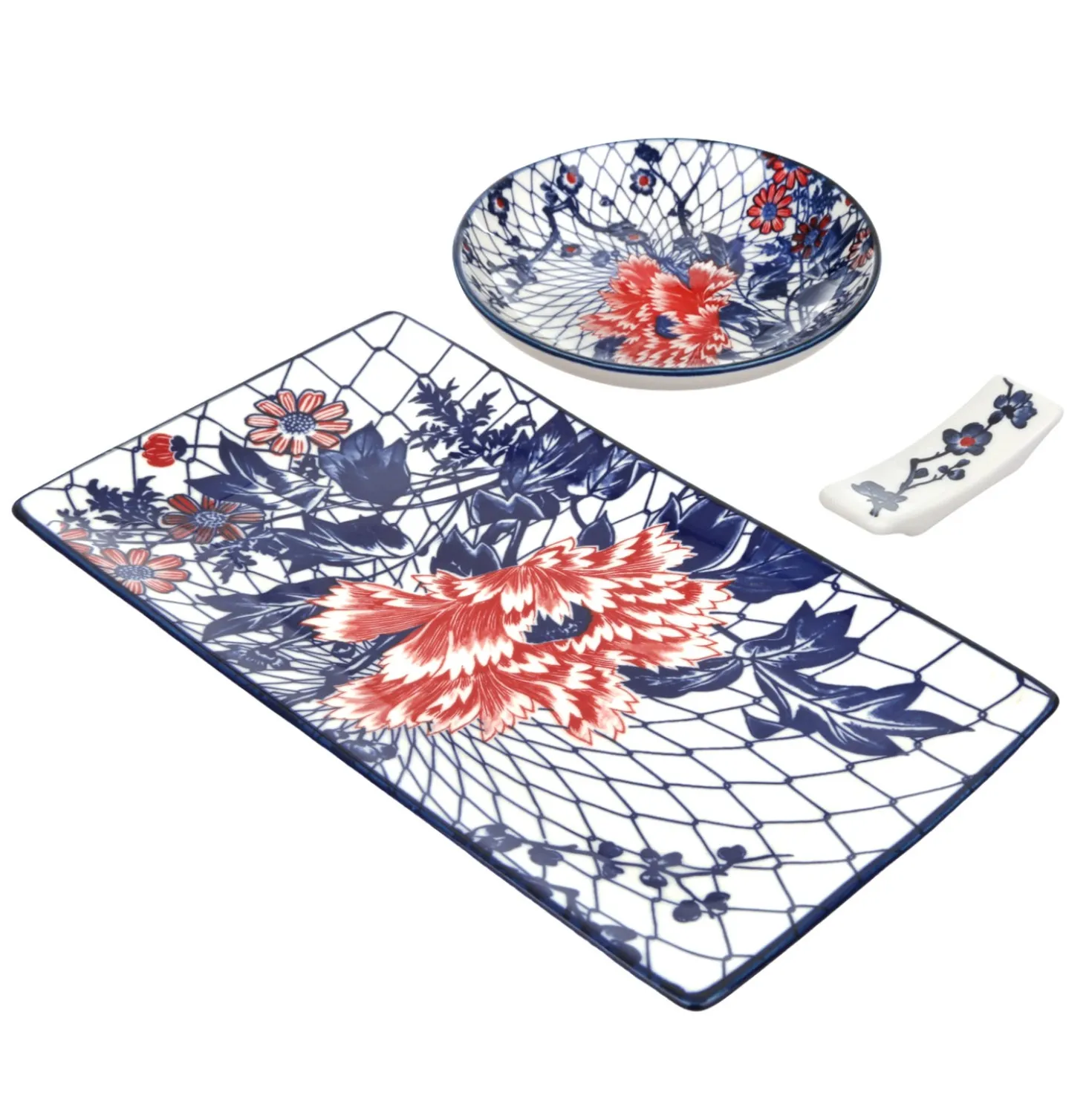 Set sushi 3 pezzi piattino rettangolare 28 cm fiore rosso Sushiko