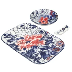 Set sushi 3 pezzi piattino rettangolare 23 cm fiore rosso Sushiko