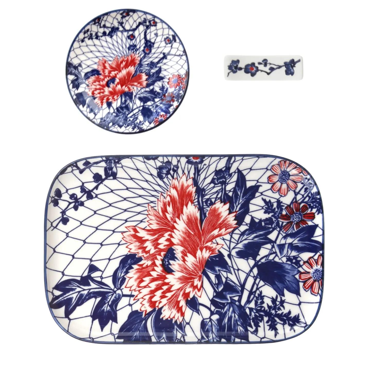 Set sushi 3 pezzi piattino rettangolare 23 cm fiore rosso Sushiko