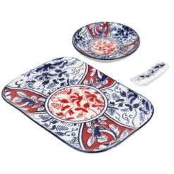 Set sushi 3 pezzi piattino rettangolare 23 cm rosso blu Sushiko