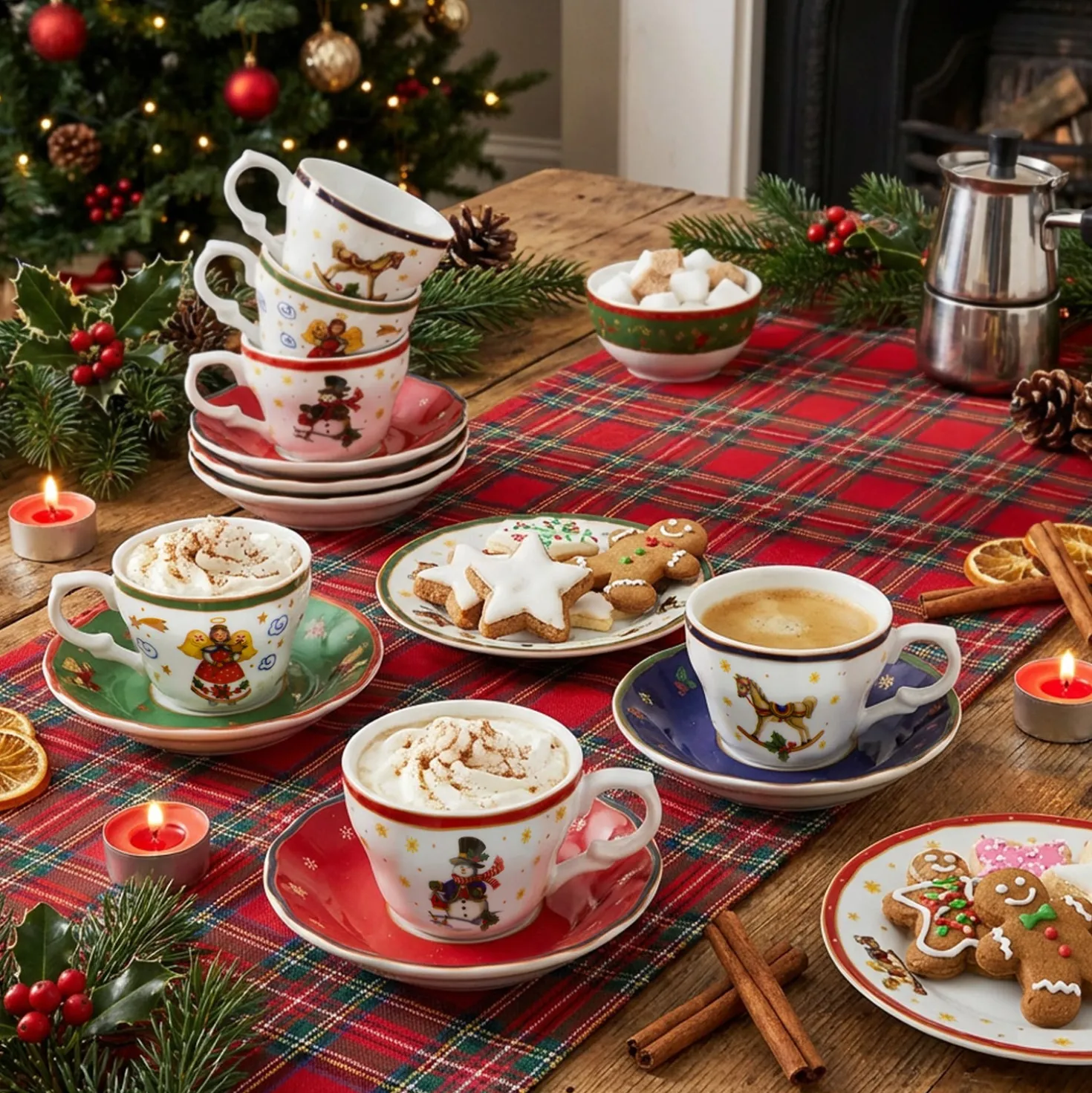 Set 6 tazzine caffè decori Natale porcellana con piattino
