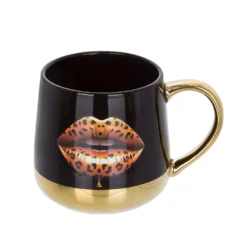 Tazza ceramica 360 ml labbra leopardate nero oro