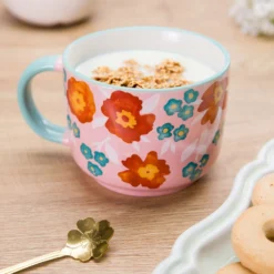 Tazza fiori 570 ml in porcellana azzurra e rosa