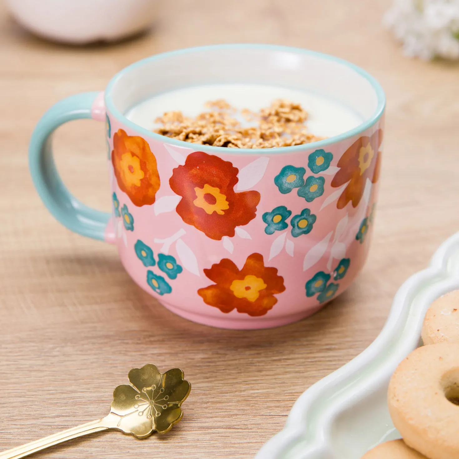 Tazza fiori 570 ml in porcellana azzurra e rosa